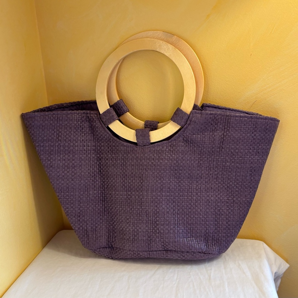 Women’s Elegant Purple Woven Bag with Wooden Handles
